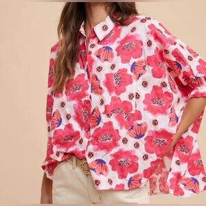 Anniewear Vibrant Oversized Floral Button-Down Shirt